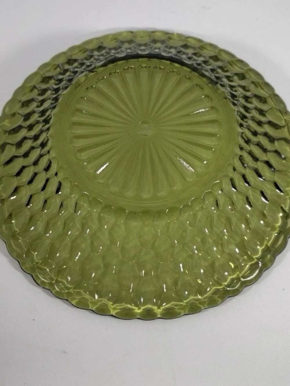 Vintage Green Glass Candy Bowl Dish with Double Handle Honeycomb Pattern